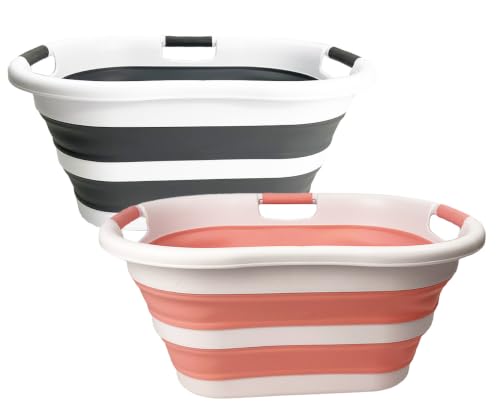 Image of SAMMART 40L (10.5 gallon) Set of 2 Collapsible Plastic Laundry Hamper - Foldable Pop Up Storage Container /Organizer - Portable Washing Tub - Space Saving Basket (2, Steel Gray+Quartz Pink)