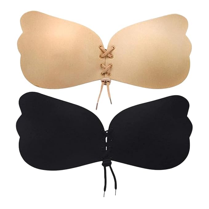 Sticky Bra for Women Strapless Backless – Silicone Gel Self-Adhesive Stick On Push Up Bra, Invisible Lightly Padded Wire-Free Reusable Bra for Dress & Wedding Beige, Black