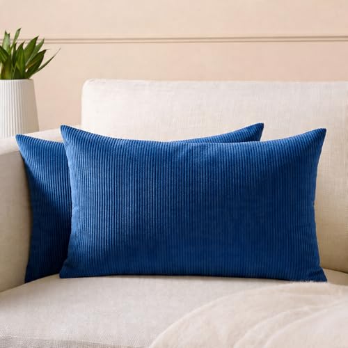 Image of Encasa XO Corduroy Cushion Covers, No Inserts, Set of 2, Navy Blue