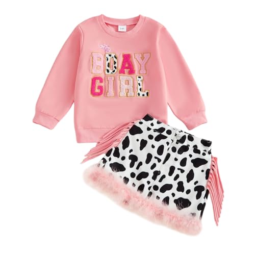 SAYOO - SAYOO Western Baby Girl Clothes Birthday Girl Letter Sweatshirt Tassel A Line Skirt with Fuzzy Feather Trim Cowgirl Outfit (Pink, 2-3T)