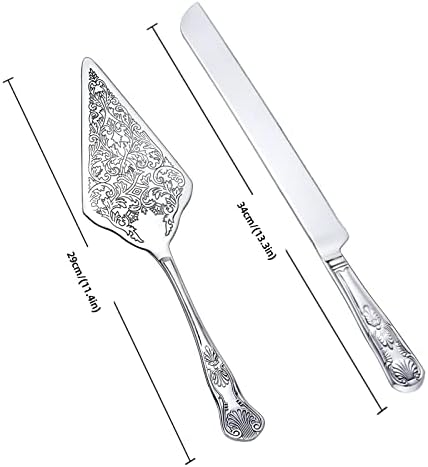 Cake Knife and Server Set: Stainless Steel Wedding Cake Cutting Set Plating with Carved Pattern Design Elegant Cake Pie Pastry Server Spatula Set Perfect for Wedding Birthday Shower Parties (Silver)