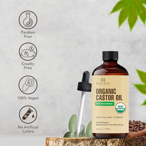Botanic Hearth Castor Oil | 100% Pure & Natural, Cold Pressed, Organic | 4 fl oz| For Hair, Eyelashes & Eyebrows | Hexane Free, Fast Absorbing | With Dropper & Applicators