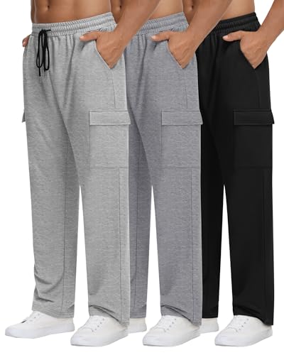 Neer 3 Pack Men's Baggy Cargo Sweatpants Wide Leg Straight Drawstring Open Bottom Joggers S-3XL Lounge Pants with Pockets