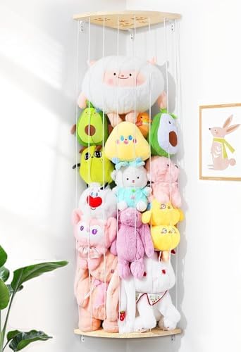 Corner Stuffed Animal Storage Net - Heigh Adjustable Wood Stuffed...