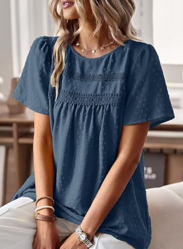 Image of Falechay Womens Summer Tops Crewneck Short Sleeve Shirts Casual Chiffon Blouses Flowy Lace Hem Boho Clothing Trendy 2026