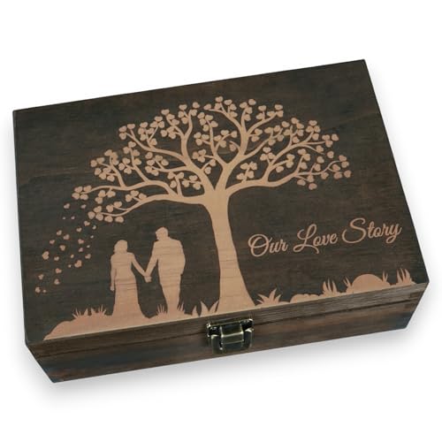 Engraved Wedding Memory Box- Wooden Keepsake Box for Bride & Groom Letters Photos First Anniversary and Valentines Day Gift Personalized Rustic Storage Medium Size Dark Walnut - 8.5 x 6 x 3 in