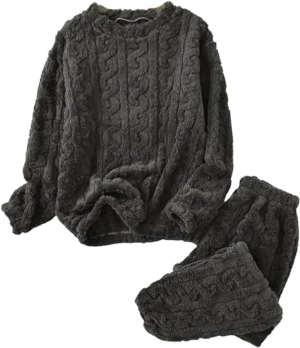 LLECDASEUI Conjunto de pijama de punto trenzado para mujer, pantalones de forro polar esponjoso, conjuntos de pijama de invierno suaves para descansar, Negro, M