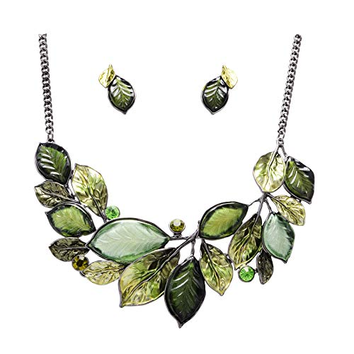Fenni Vintage Statement Jewelry Set Leaf Floral Bohemian Boho Statement Necklace Earring Set Crystal Fashion Costume Jewelry (Green)