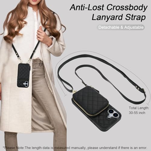 Bocasal Crossbody Wallet Case for iPhone 17, RFID Blocking PU Leather Zipper Handbag Purse Flip Cover, Kickstand Folio Case with Card Slots Holder Wrist Strap Lanyard 5G 6.3 Inch (Black)