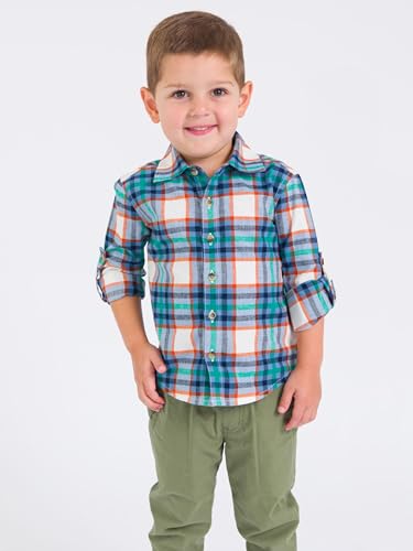 Image of RUGGEDBUTTS Boys Solid Cotton Long Sleeve Button Down Shirt with Button Tabs