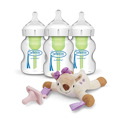 Image of Dr. Brown’s Natural Flow® Anti-Colic Options+™ Wide-Neck Glass Baby Bottles 5 oz/150 mL, with Level 1 Slow Flow Nipple, 3 Pack & Deer Lovey with HappyPaci Pacifier, 0m+