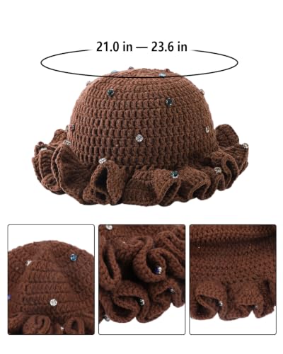Image of Women Crochet Bucket Hat Cute Winter Ruffled Brim Floppy Cap Handmade Knit Cloche Hats