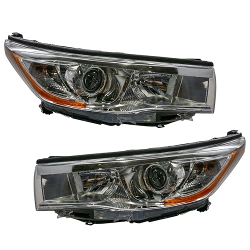 Image of TRQ 2 Piece Headlight Assembly Set Chrome Bezel Driver & Passenger Side Compatible with Toyota Highlander 2014-2016 TO2502221 TO2503221 811100E180 811500E180