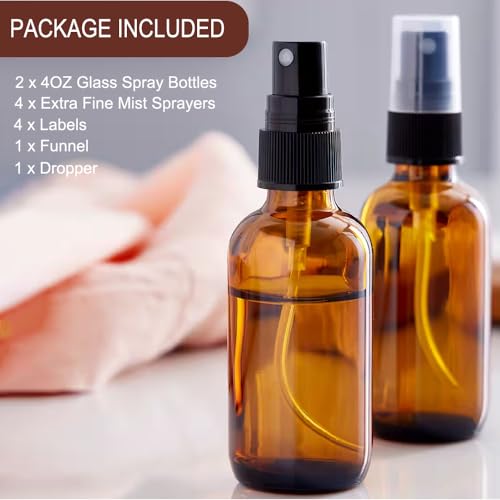4 oz Amber Glass Spray Bottles - Small Empty Fine Mist Spray Bottle for Essential Oil,Face - Mini Dark Spray Bottles with,Included 4 Sprinkler, 1Funnels,1 Droppers, 4 Labels2