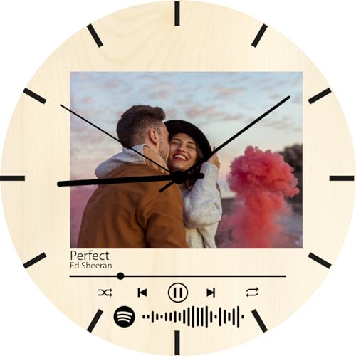 Stileitaliano Orologio Spotify personalizzato da parete in legno moderno a muro casa soggiorno cucina con foto stampa Idea Regalo per San Valentino anniversario compleanno (Rotondo con trattini)