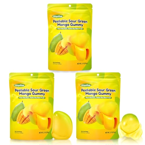 Peelable Gummy Green Mango Candy – Individually Wrapped Tropical Peeling Gummies Variety Pack, Low Sugar & Low Calorie, Perfect New Year Treats & Celebration Bites, Resealable Snacks (3 Pack, 9.53oz Green Mango)