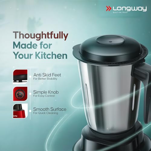 Image of Longway Super Pro Mixer Grinder | 500 Watt Powerful Motor | 3 Jars for Grinding, Mixing, Juicing | 2 Years Warranty (Red & Wine)