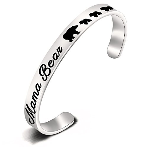 ENSIANTH Mama Bear Bracelet Hand Stamped Cuff Bracelet Mother's Day Jewelry Gift for Wife Family (3 Cub Bear)