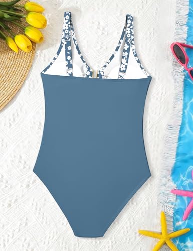 Image of Girls One Piece Swimsuit Cut Out Ruffle Bathing Suit Twist V Neck Swimwear Solid Color with Cover Up Skirt 9-16T