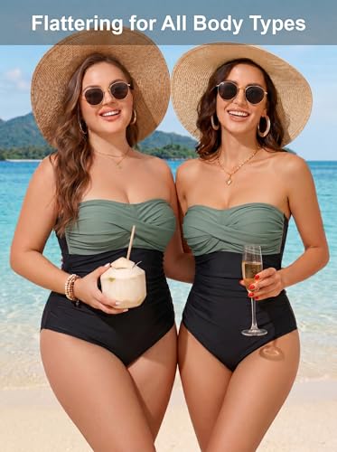 Image of Smismivo Tummy Control Swimwear Strapless One Piece Swimsuit Ruched Bathing Suits for Women Slimming Bandeau Tube Top Bikini