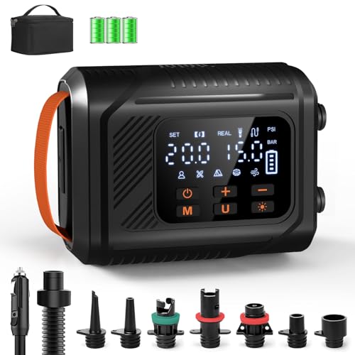 Mojimdo Bomba eléctrica SUP 20 PSI con luz LED, bomba de aire portátil con 5 modos y modo personalizado, doble inflación rápida, apagado automático y carga automática de 12 V, para SUP, kayak, colchón