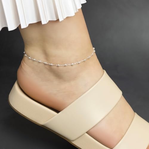 Image of Amberta Italian Sterling Silver Anklet for Women 925 | Adjustable Ankle Bracelets for Women Beaded Heart Summer Jewellery