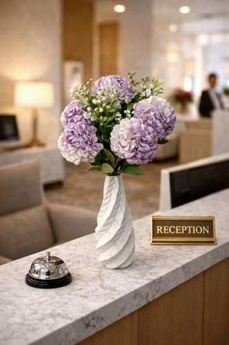 Image of Premium Combo Artificial Hydrangea Flower Bouquet with Designer Ceramic Vase | 7 Heads Snowflake Fabric Real Touch Flowers | Luxury Home Decor for Living Room(ND-14)