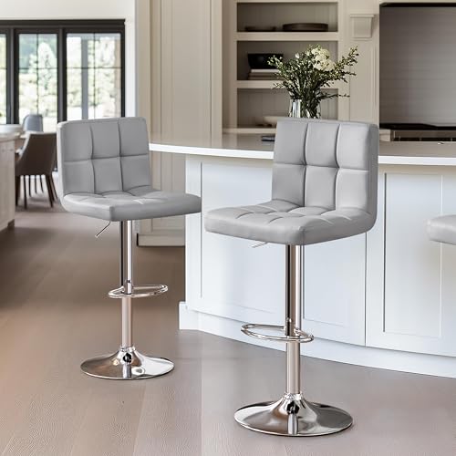 Image of Yaheetech Single Bar Stool, PU Leather Adjustable Barstools, Modern Counter Stools with Back and Footrest, Counter Height Barstools for Bar, Kitchen, Dining Room, Light Gray
