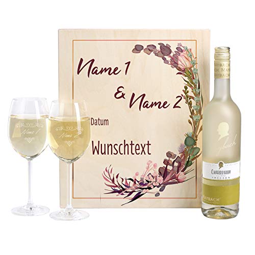 Hochzeitsgeschenk-Set Mit Gravierten Weingläsern & Wein In Holzkiste – Personalisiert Mit Namen & Datum