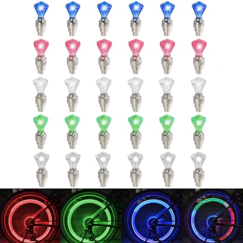 ZZBIQS LED Flash Tyre Valve Caps Light for Bicycle Wheel, 30Pcs Diamond Shaped Glow in The Dark Waterproof Wheel Flashing Lamp for Car Bike Motorcycle Accessories(Mixed Color)
