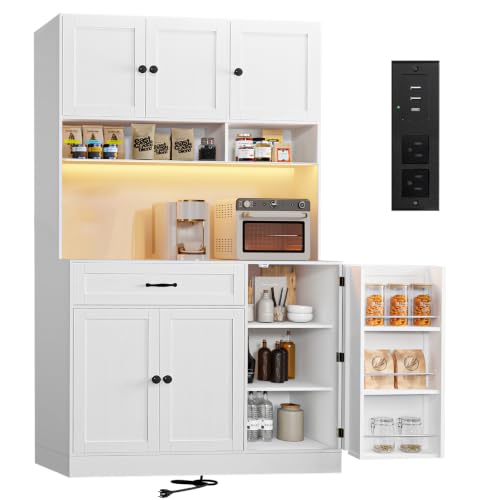 FJTJBSI 72 Kitchen Pantry Cabinet with LED Light and Charging Station Tall Pantry Storage Cabinet with Adjustable Shelves and Door Shelves Modern Kitchen Hutch with Microwave Stand and Countertop
