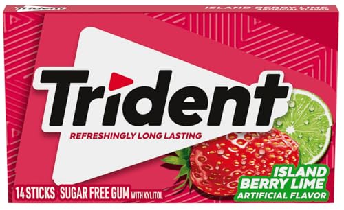 Image of Trident Sugar Free Chewing Gum Pineapple Flavor, Tropical Twist, Island Berry Lime, Watermelon, Bubblegum Flavor 14 Sticks, 26.6 g | Pack Of 5 | Imported Chewing Gum