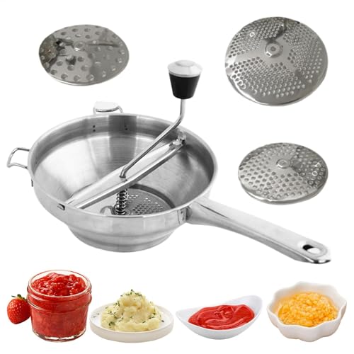 yakermur Molinillo de alimentos de acero inoxidable, molinillo de alimentos giratorio - acero inoxidable 3 discos de molienda molinillo de alimentos ergonómico - Molinillo de cocina giratorio con asa