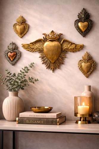 Ex-voto coeur ailes dorées couronne décoration murale - 2