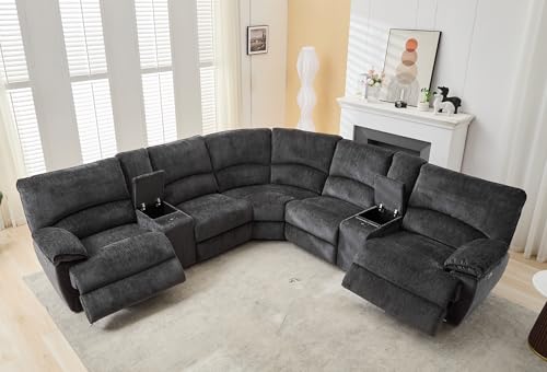 Oversized Power Recliner Sectional Sofa with Wireless Charger,Large Reclining Sectionals Couch Set with 2 Electric Chenille Recliner,USB Type-C,Storage Consloe for Living Room,32.6' Seat Width,Gray