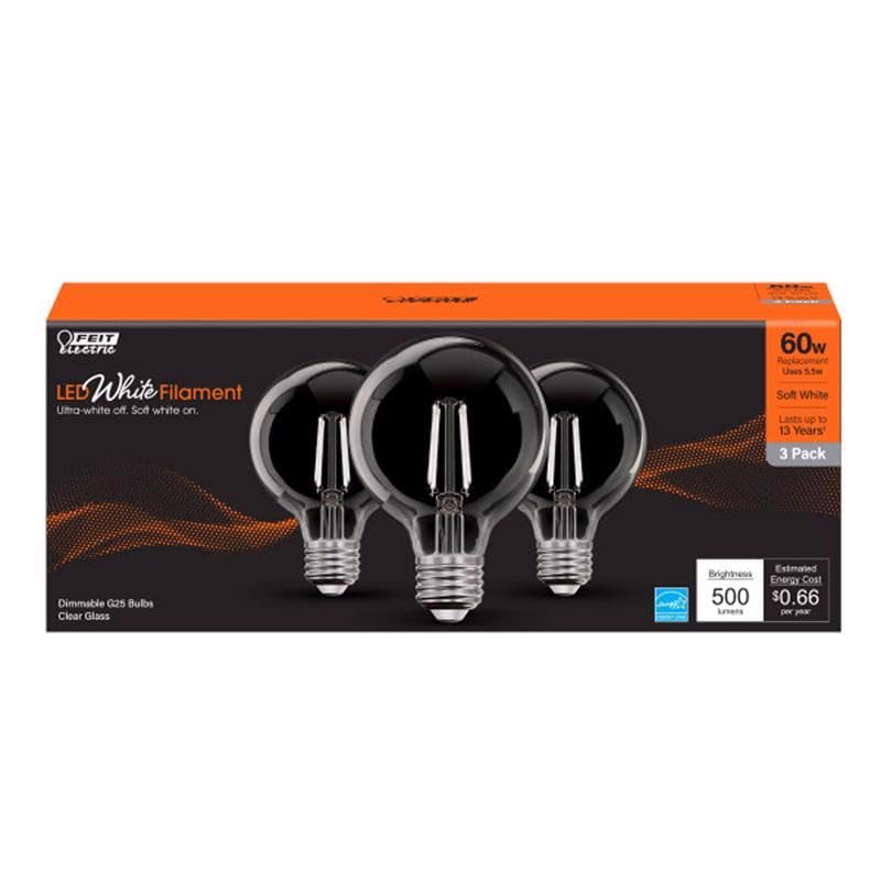 Feit Electric White Filament G25 E26 (Medium) Filament LED Bulb Soft White 60 Watt Equivalence 3 pk