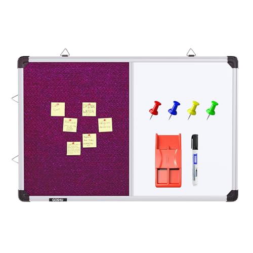 Image of GOSHU Combination 60 cm x41 cm Non Magnetic White Board with Pink Pin-up Notice Board Includes 1 Duster, 1 Marker and 50 Push up pins for Home, Office & School (Pink, 60x41 cm, Pack of 4 Items)