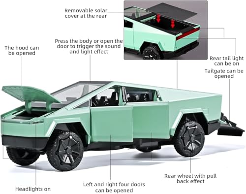 Image of DEOXY 1:32 Scale Tesla Cybertruck Model Collection Enthusiasts Toy Pull Back Pick-Up Truck with Sound and Light, Alloy Diecast Cyber-Truck Toys for Kids Gift (Not Including Mini Car - Green)