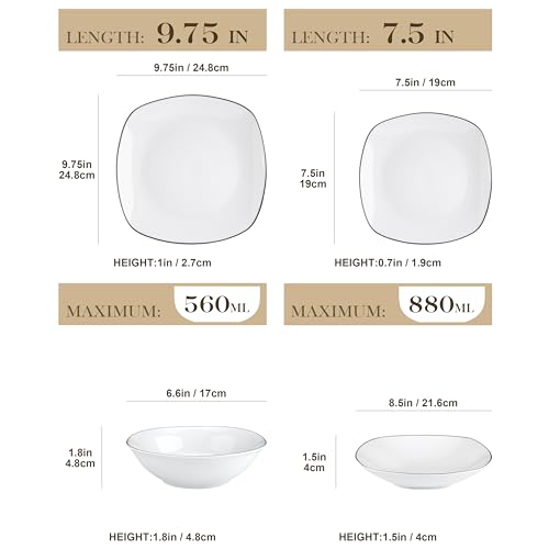 Image of MALACASA Dinnerware Sets, 24 Piece Porcelain Square Dishes, White with Black Rim Plates and Bowls Sets, Ceramic Dish Set for 6, Chip Resistant Dishware Sets, Series ELISA