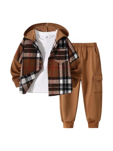 2Pcs Kids Boys Flannel Plaid Shirt Tops Pants Set Hoodie Sweatsuit for Fall Winter Spring Outfits 4-12 Years