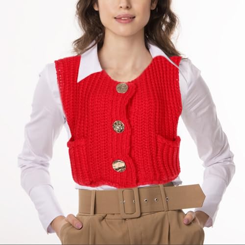 Chaleco de punto grueso rojo transpirable de crochet con botones 3