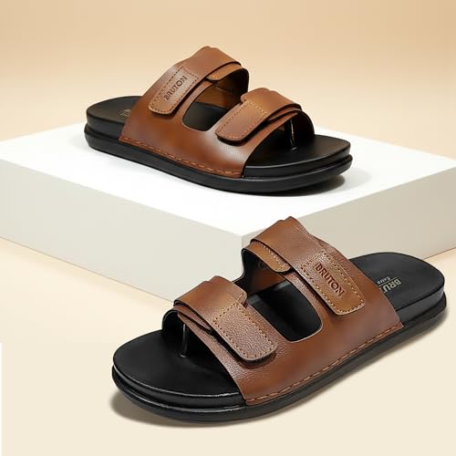 Image of BRUTON Men's STRIVO-1141 Wedge Sandals | Adjustable Buckle Toe Ring Comfort Sandals | Lightweight Cushioned Footbed | Anti-Slip Casual Outdoor & Daily Wear Footwear | Black