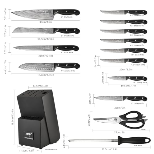 Image of NANFANG BROTHERS 15-Piece Damascus Kitchen Knife Set, 67-Layer VG10 Japanese Steel, Professional Chef & Steak Knife Set with Compact Block, Triple-Riveted Handles (Hand-Wash Only)