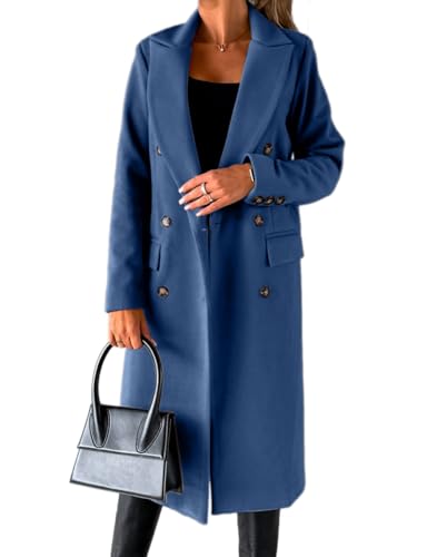 IDEALSANXUN Langer Damen-Trenchcoat aus Wolle, zweireihig, für Herbst und Winter, Blau - Misty Blue, Medium