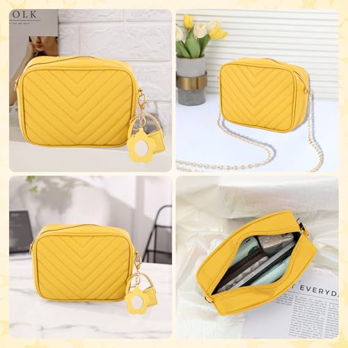 1Pc Yellow Purses for Women, Yellow Crossbody Bags for Women, Pu Material with Metal Chain, Large Capacity and Multifunctional, Small Wallet, Shoulder Bag, Camera Bags, with Lipstick Pendant Bag3