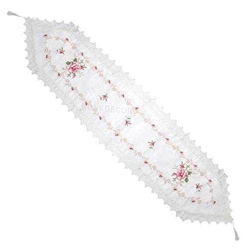 Image of MONKDECOR (O.F) Cut Work Cross-Stitch Embroidery Dining Table Runner (Size-15x70 Inches)- White & Pink Color