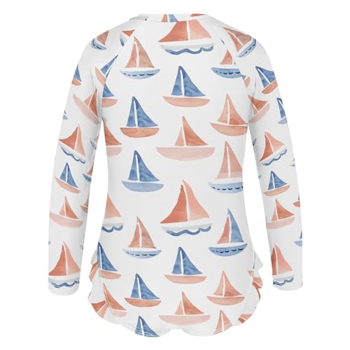 ALAZA Watercolor Sail Boat Cartoon Girls One Piece Swimsuit Long Sleeve Rash Guard Swimsuits UV 50+ Swimwear Zipper3