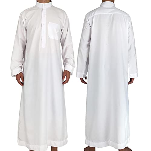itrimaka Bata Blanca para Hombre - Túnica Árabe con Manga Larga, Ropa Musulmana Informal para Hombre, Ropa Sólida De Oriente Medio De Arabia Saudita, S-3XL