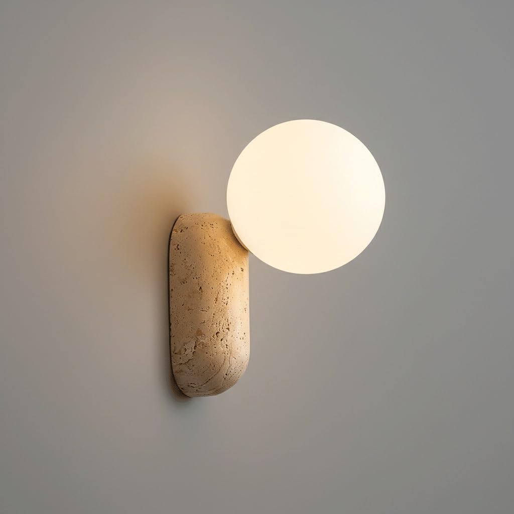 IvyLoutish Minimalist Nordic Travertine Wall Sconce, Natural Stone & Frosted Glass Globe Wall Light, G9 Hardwired Decorative Fixture for Bedroom, Living Room, Bedside, Entryway, Hallway