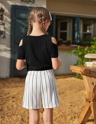 Image of Arshiner Girls Short Sets 2 Pieces Outfits Short Sleeve Tie Knot T-Shirts and Casual Shorts With Pockets Cute Clothes Sets